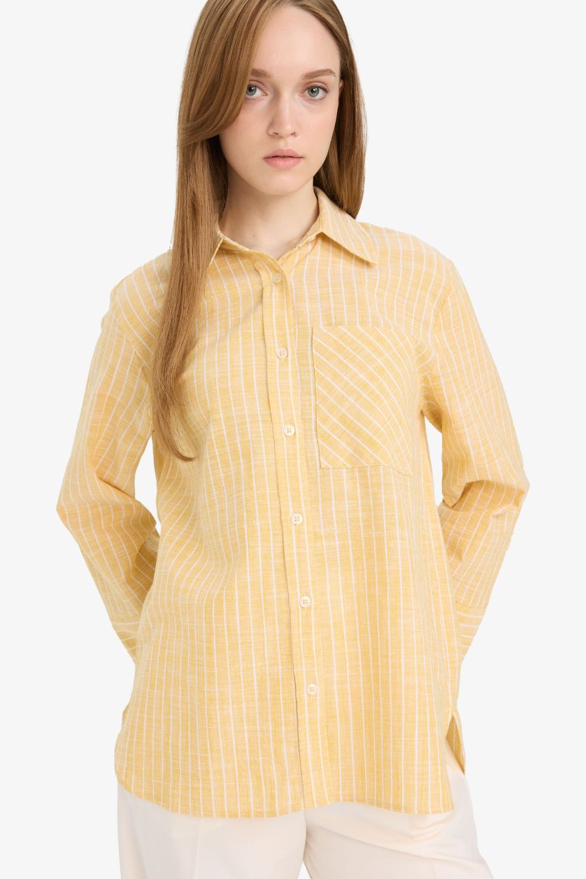 نساء أصفر فاتح قميص مخطط قطن ردن طويل قصة مريحة