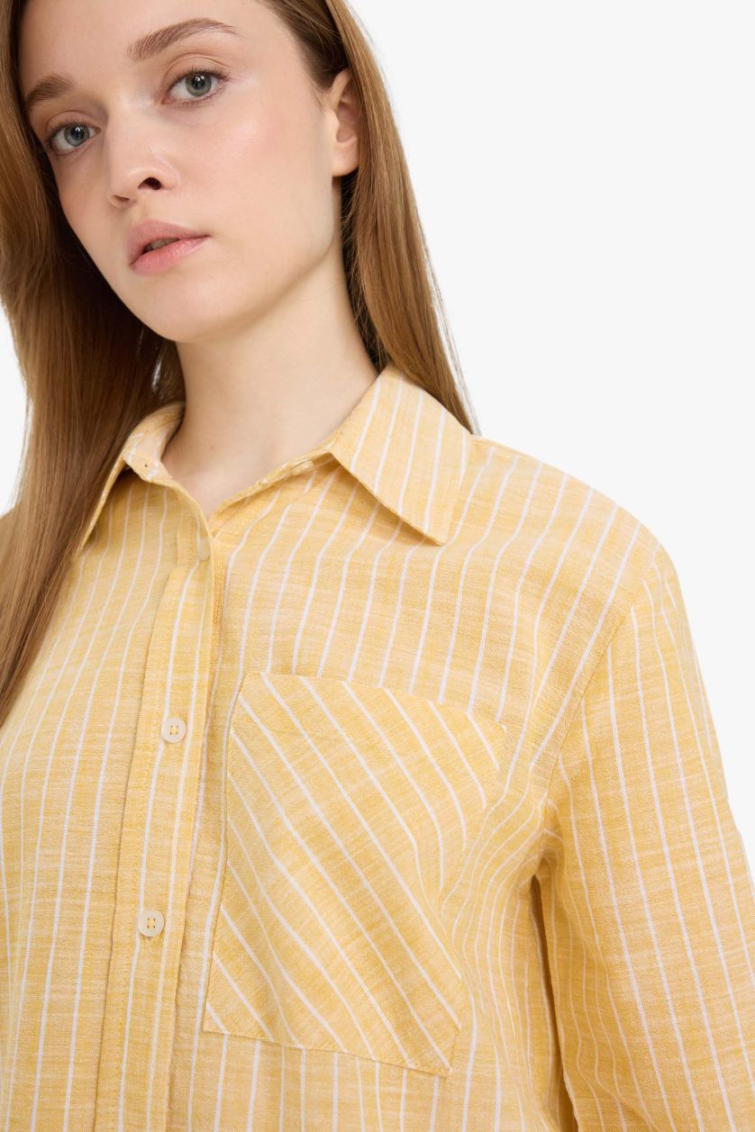 نساء أصفر فاتح قميص مخطط قطن ردن طويل قصة مريحة