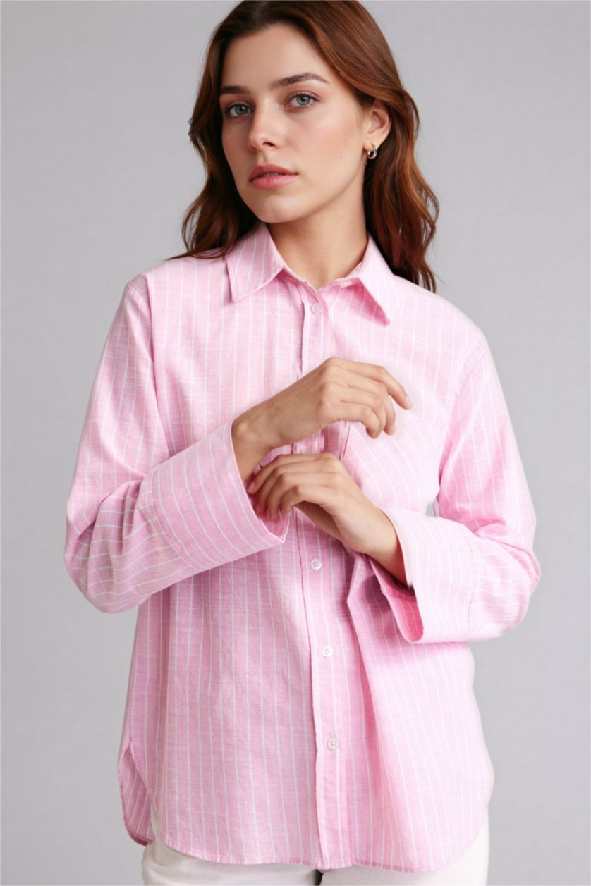 Woman Light Pink Relax Fit Striped Long Sleeve Tunic