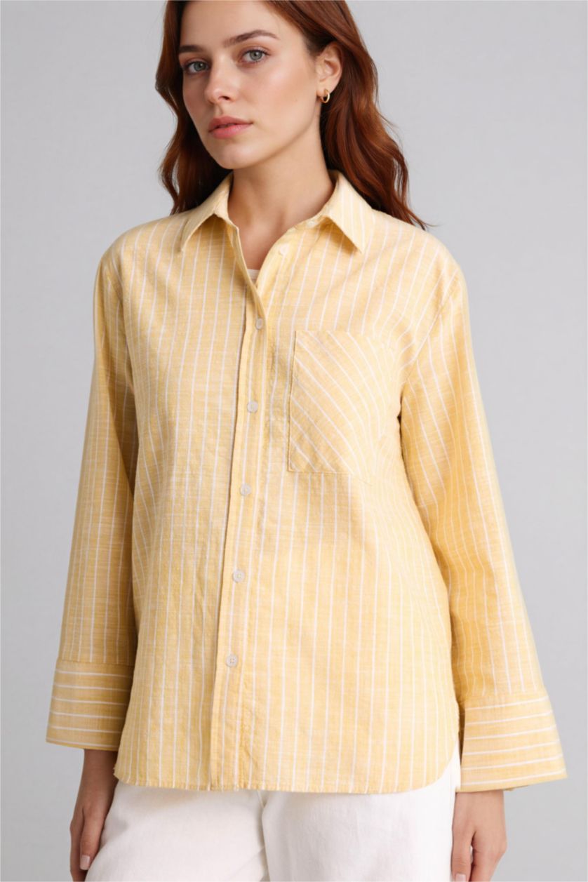 Kadın Sarı Relax Fıt Çizgili Flamlı Pamuk Uzun Kollu Tunik