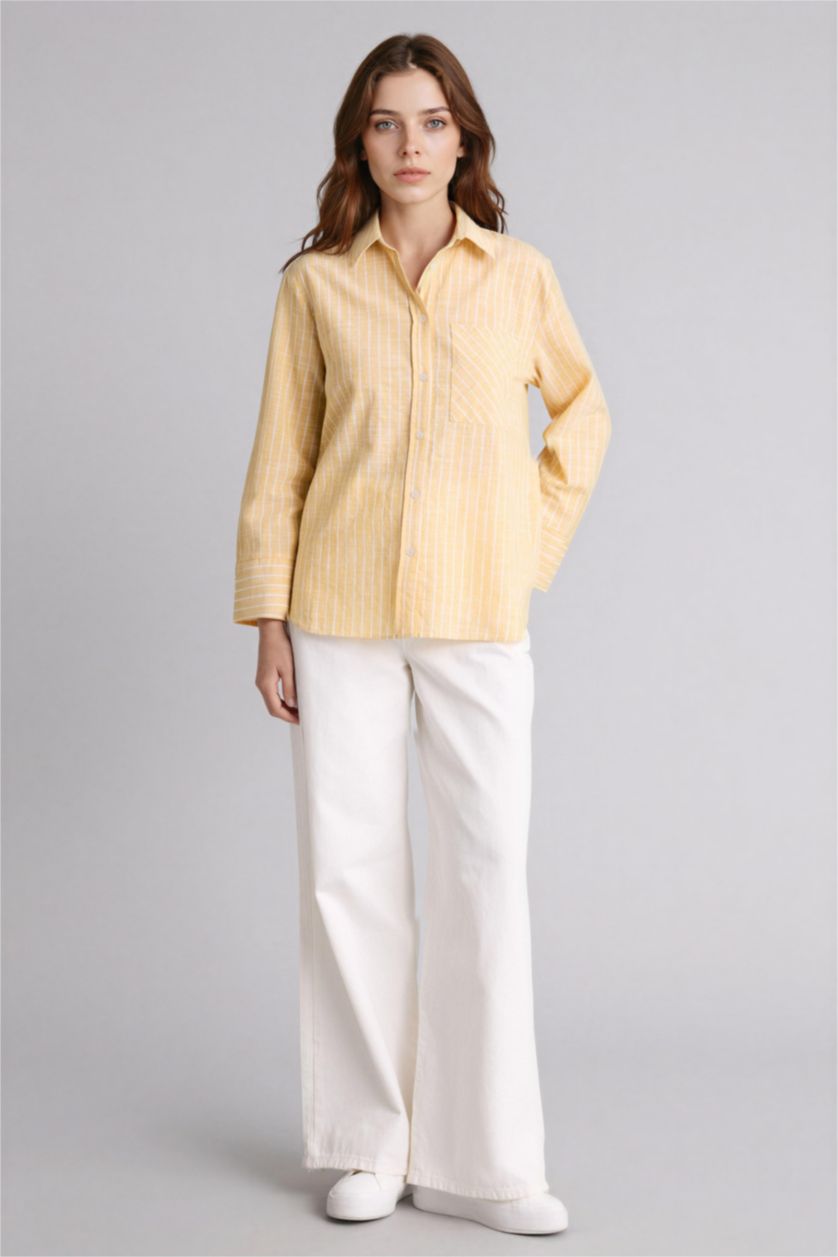 Kadın Sarı Relax Fıt Çizgili Flamlı Pamuk Uzun Kollu Tunik