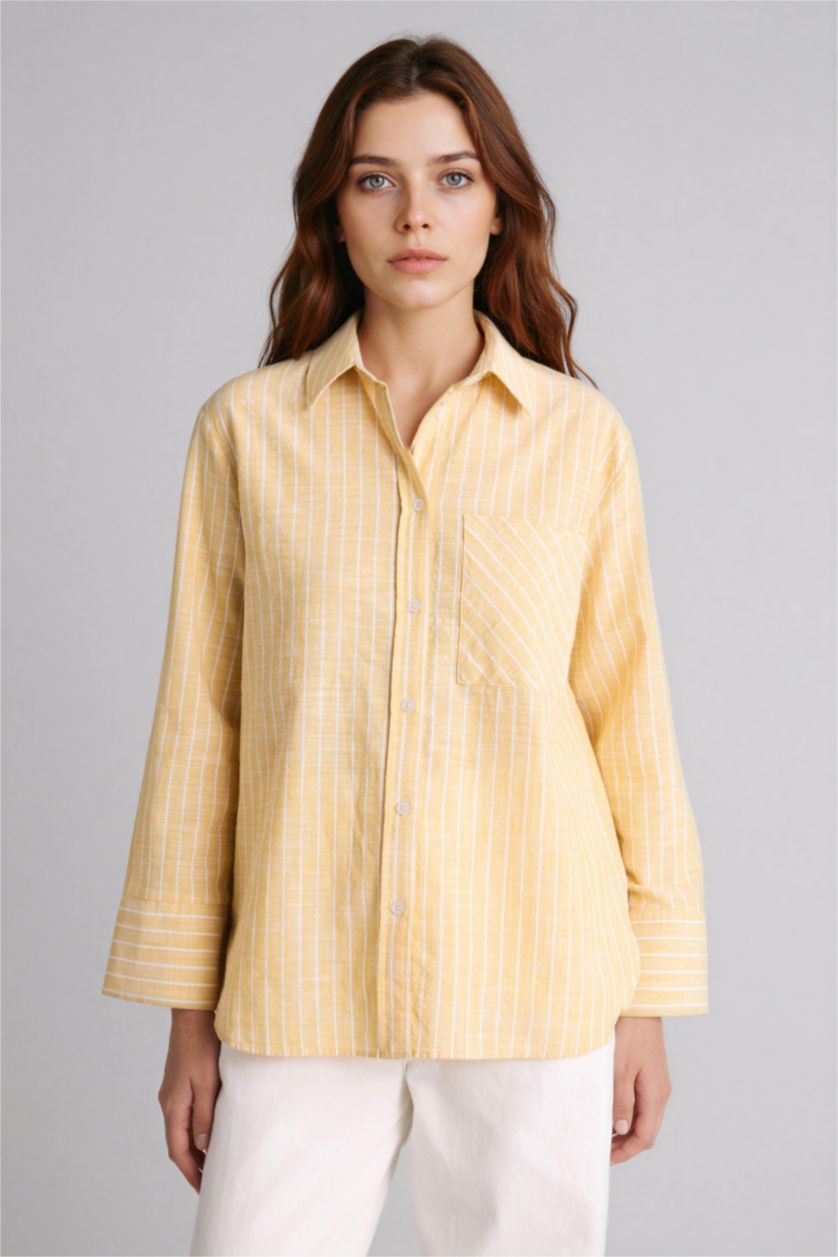 Kadın Sarı Relax Fıt Çizgili Flamlı Pamuk Uzun Kollu Tunik