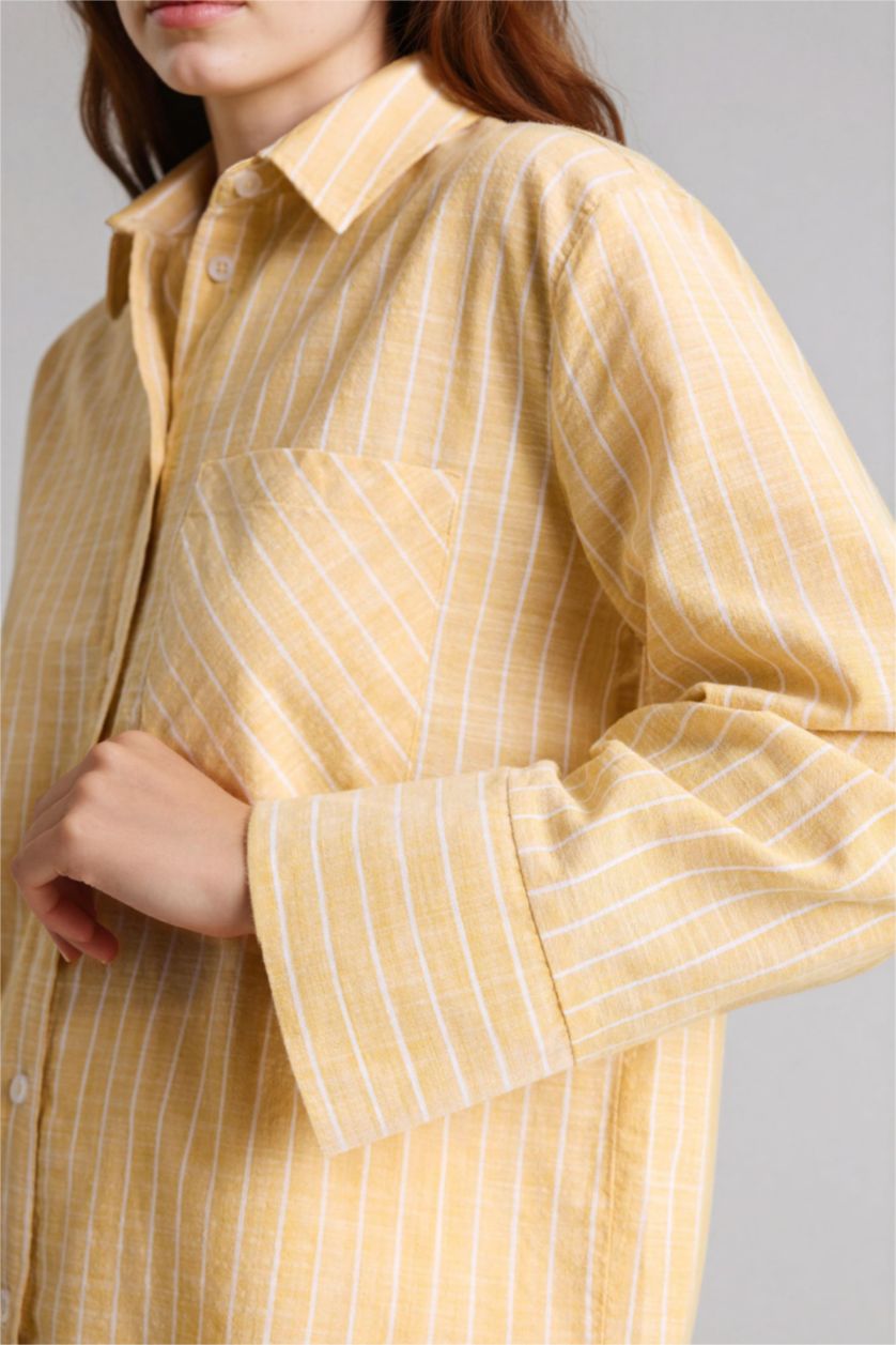 Kadın Sarı Relax Fıt Çizgili Flamlı Pamuk Uzun Kollu Tunik