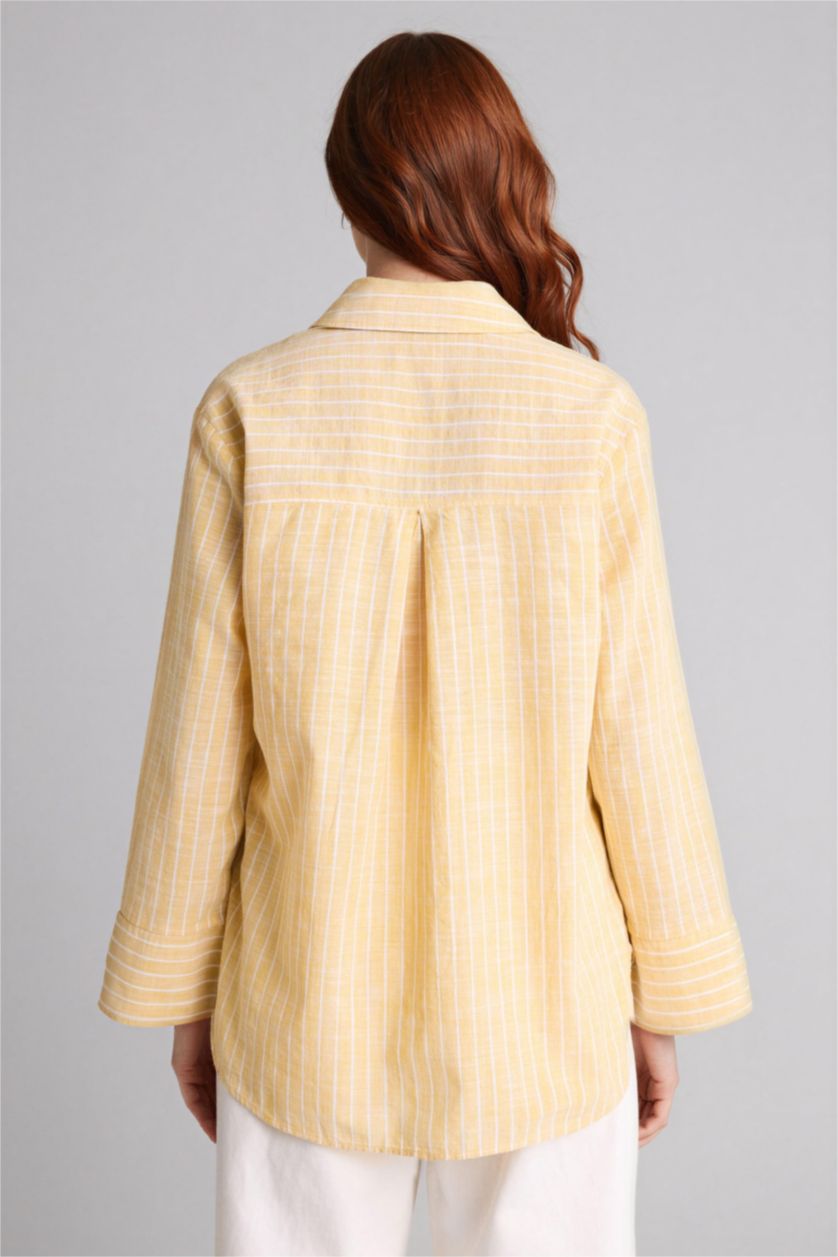 Kadın Sarı Relax Fıt Çizgili Flamlı Pamuk Uzun Kollu Tunik