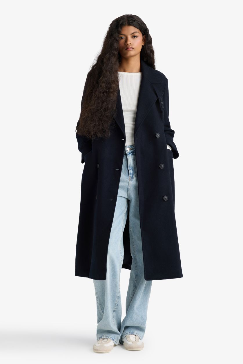 Kadın Lacivert Regular Fit Düğmeli Uzun Kaşe Kaban