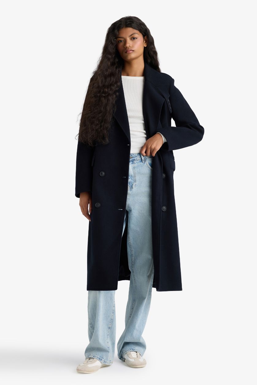 Kadın Lacivert Regular Fit Düğmeli Uzun Kaşe Kaban