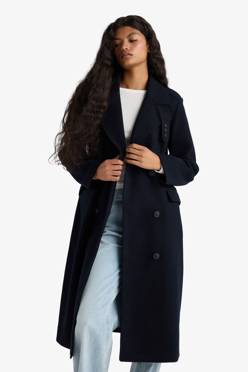 Kadın Lacivert Regular Fit Düğmeli Uzun Kaşe Kaban