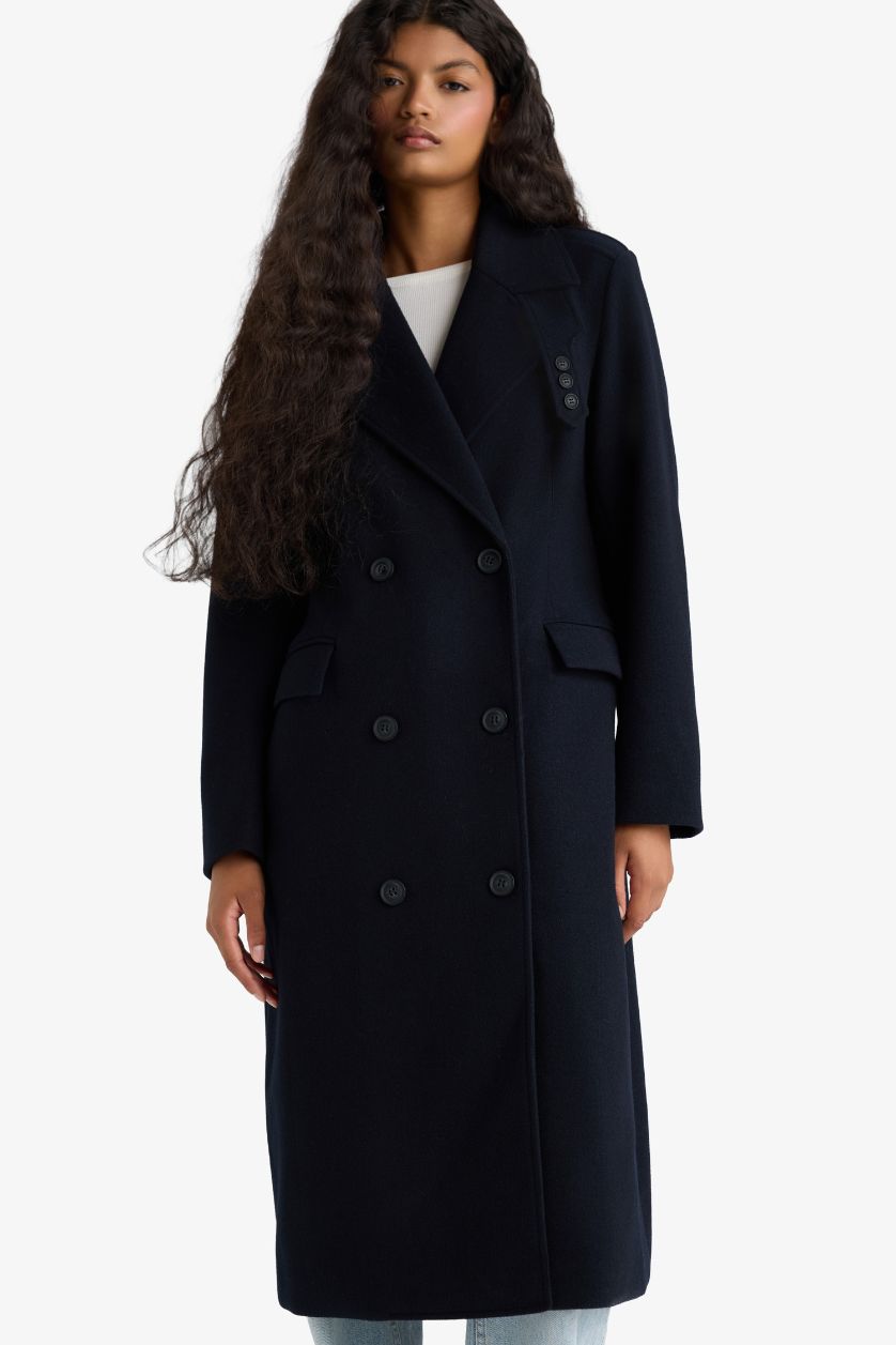 Kadın Lacivert Regular Fit Düğmeli Uzun Kaşe Kaban