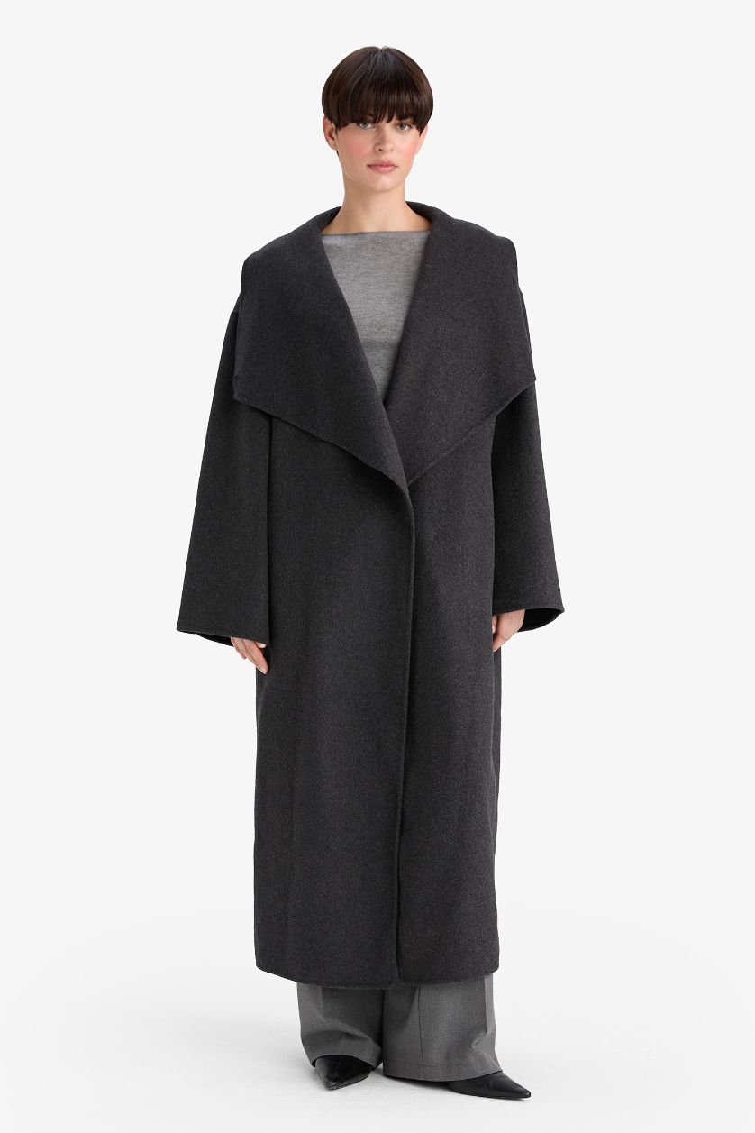 Kadın Antrasit Yün Karışımlı Regular Fit Düğmeli Uzun Kaşe Kaban