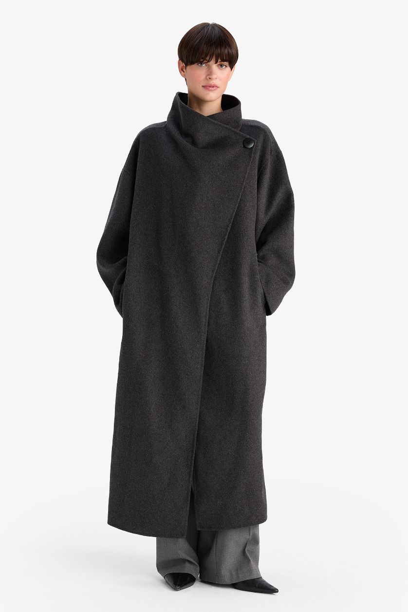 Kadın Antrasit Yün Karışımlı Regular Fit Düğmeli Uzun Kaşe Kaban