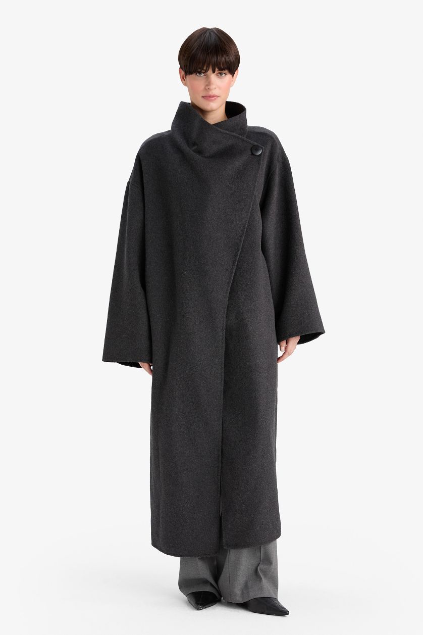 Kadın Antrasit Yün Karışımlı Regular Fit Düğmeli Uzun Kaşe Kaban