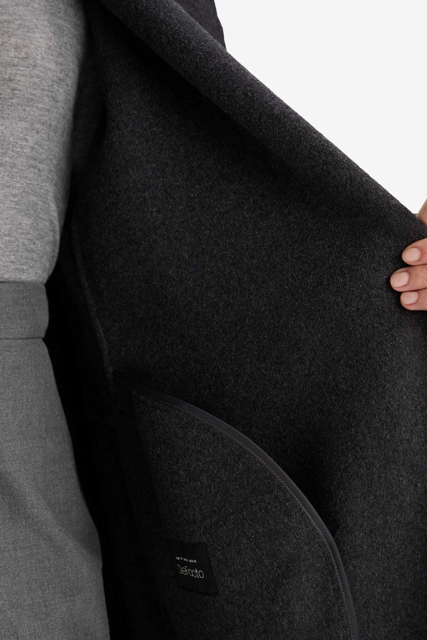 Kadın Antrasit Yün Karışımlı Regular Fit Düğmeli Uzun Kaşe Kaban