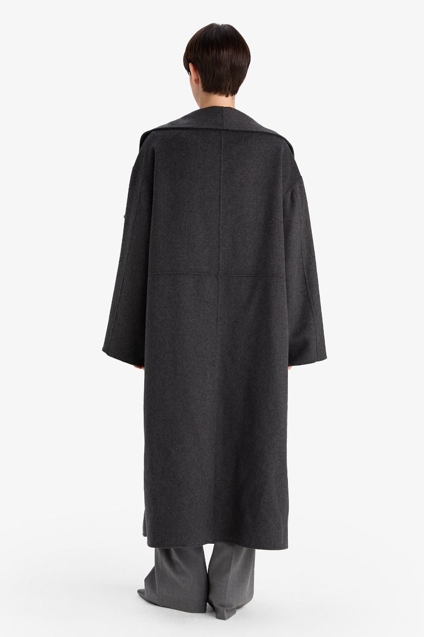 Kadın Antrasit Yün Karışımlı Regular Fit Düğmeli Uzun Kaşe Kaban