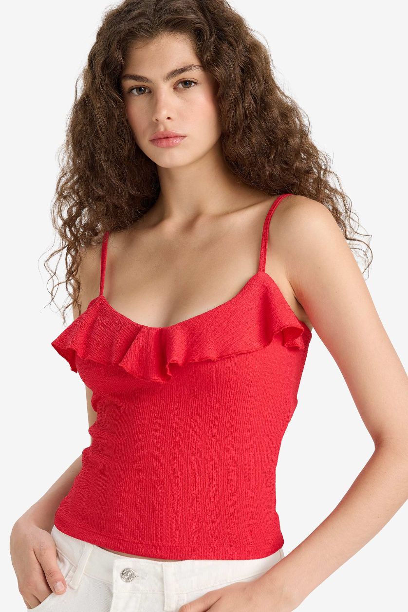 WOMAN Red Slim Fit Ruffle Collar Strappy Red Tank Top