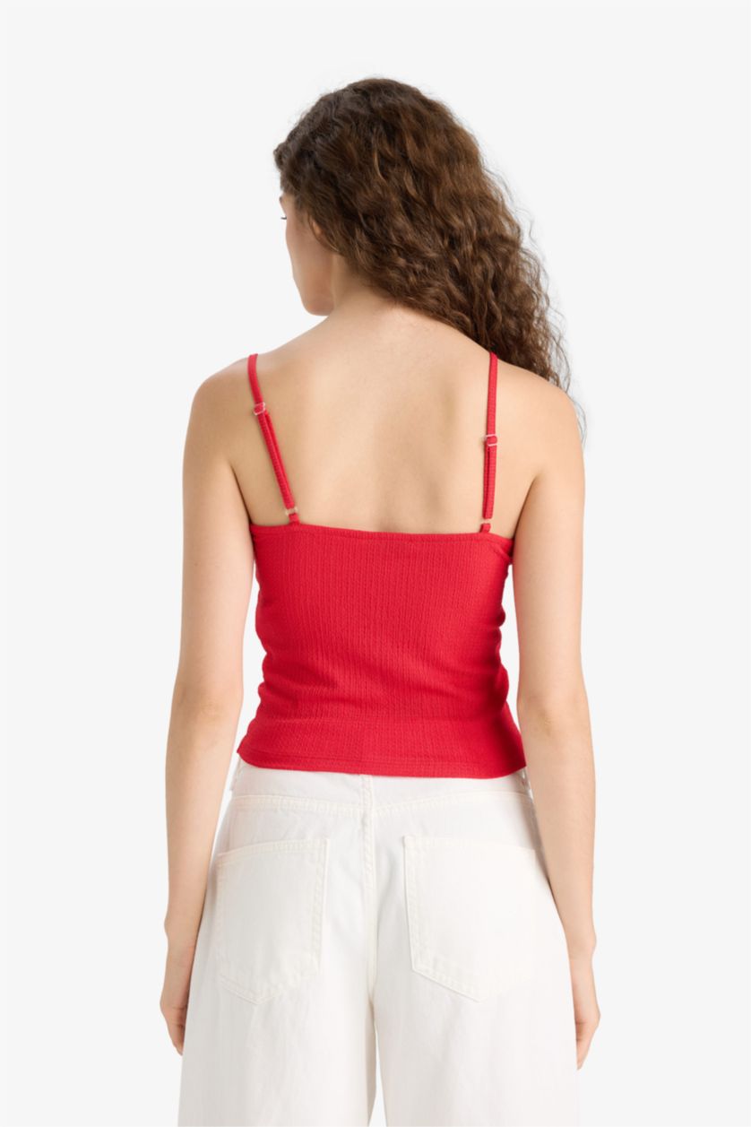 WOMAN Red Slim Fit Ruffle Collar Strappy Red Tank Top