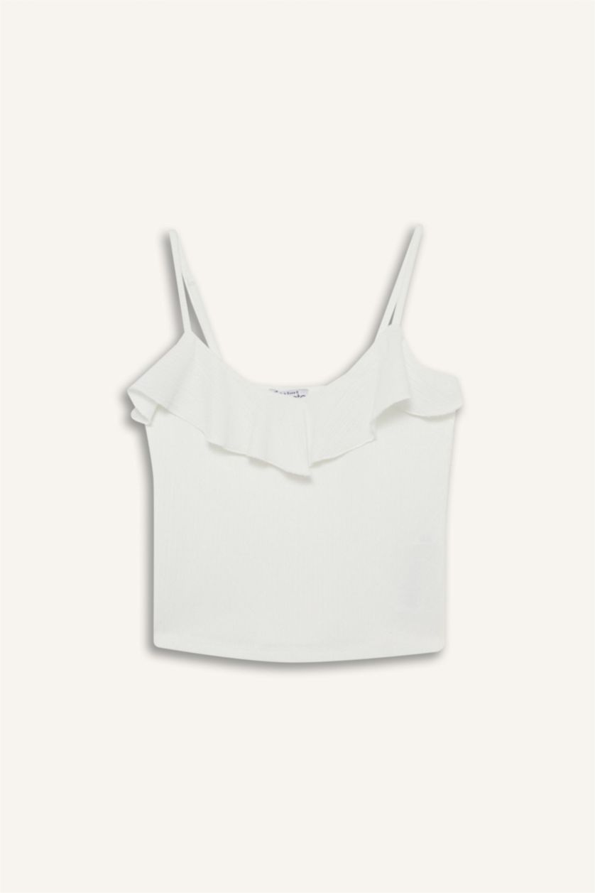 Kadın Kırık Beyaz Slim Fit Dar Kesim Fırfırlı Yaka Beyaz Askılı Atlet