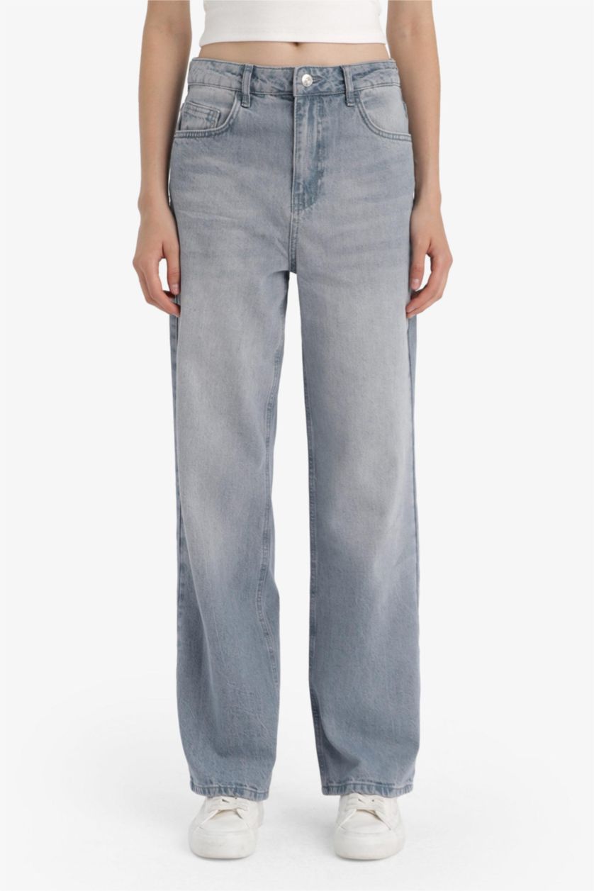 Kadın Gri 90's Wide Leg Yüksek Bel Uzun Jean Yıkamalı Pantolon