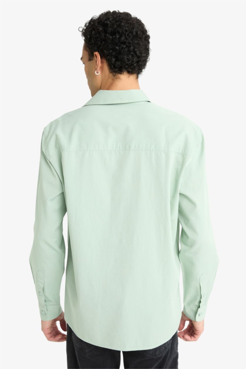 Erkek Mint Regular Fıt Polo Yaka Dokuma Uzun Kollu Gömlek