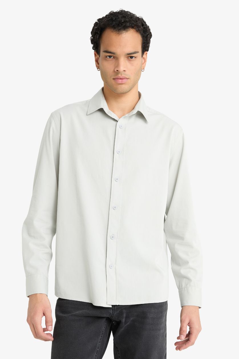 رجال رمادي فاتح قميص بولو قصة عادية منسوج ردن طويل