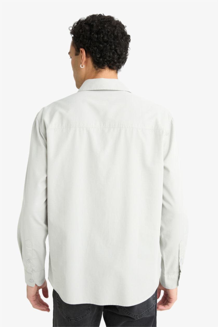 رجال رمادي فاتح قميص بولو قصة عادية منسوج ردن طويل