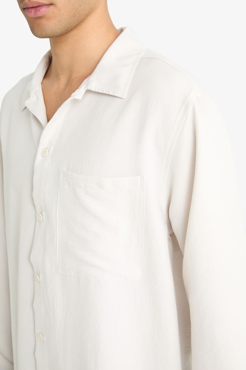 Erkek Taş Relax Fıt Apaş Yaka Dokuma Uzun Kollu Gömlek