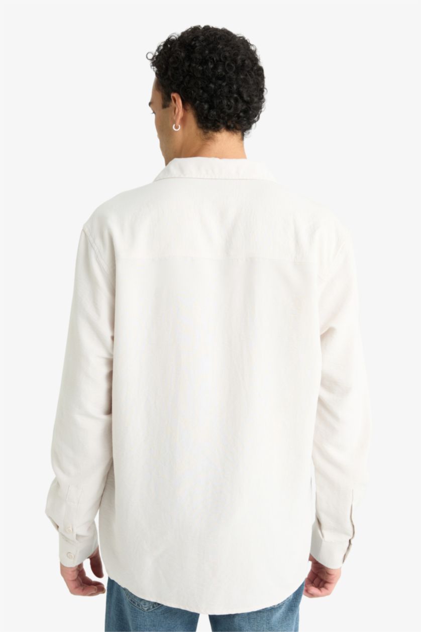 Erkek Taş Relax Fıt Apaş Yaka Dokuma Uzun Kollu Gömlek