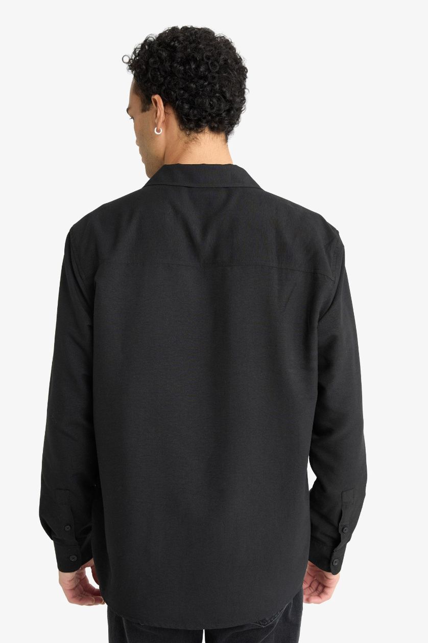 رجالي أسود قميص كم طويل قصة مريحة بياقة جاكيت