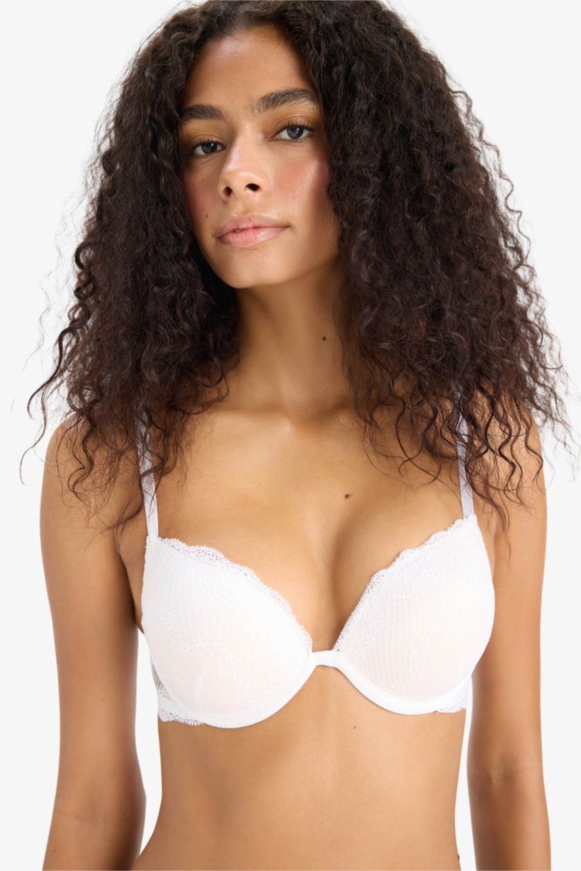 Kadın Beyaz Dantel Detaylı Micro Kaplı Full Push Up Balenli Tişört Bra-Fall in Love