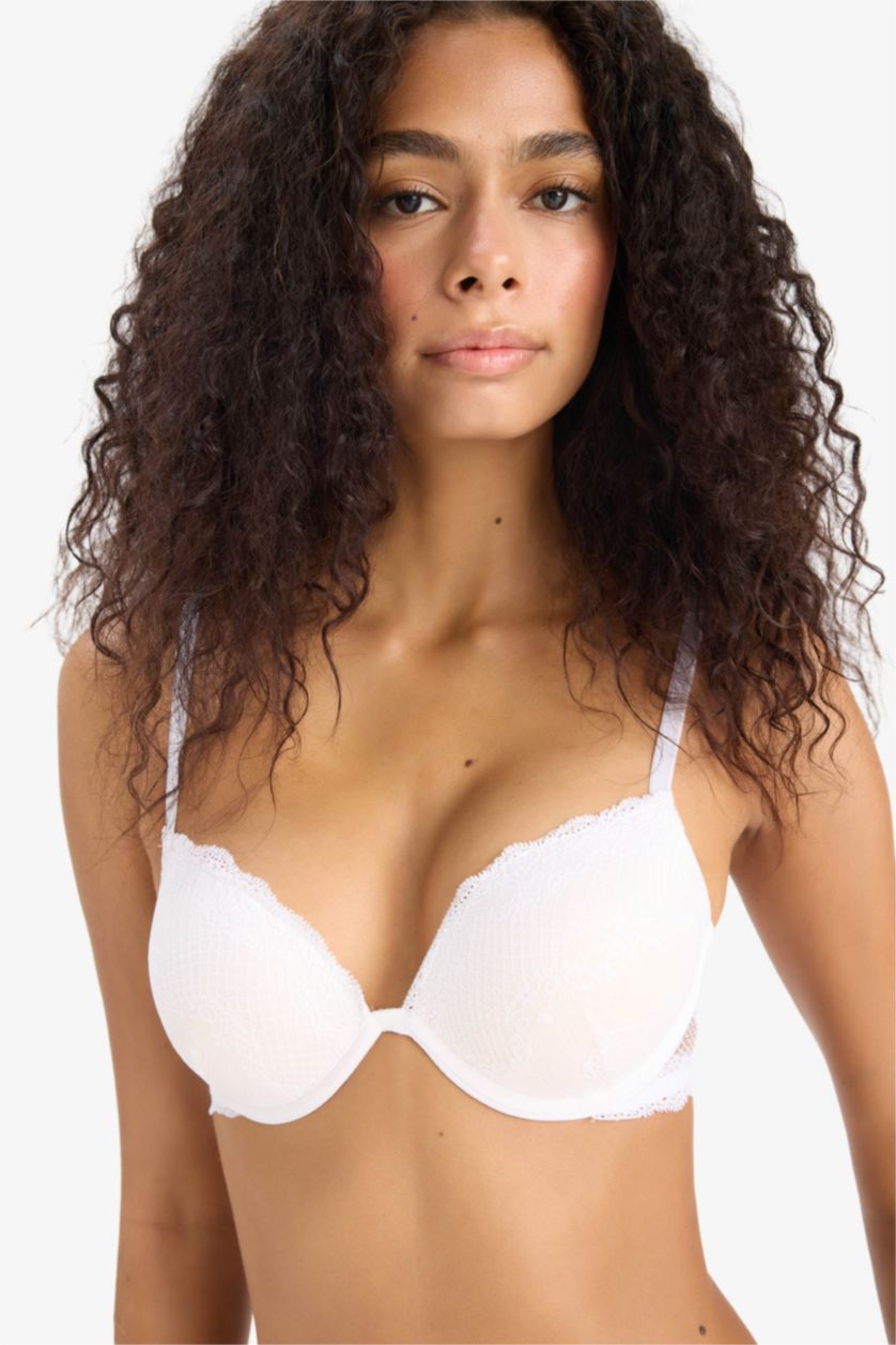 Kadın Beyaz Dantel Detaylı Micro Kaplı Full Push Up Balenli Tişört Bra-Fall in Love
