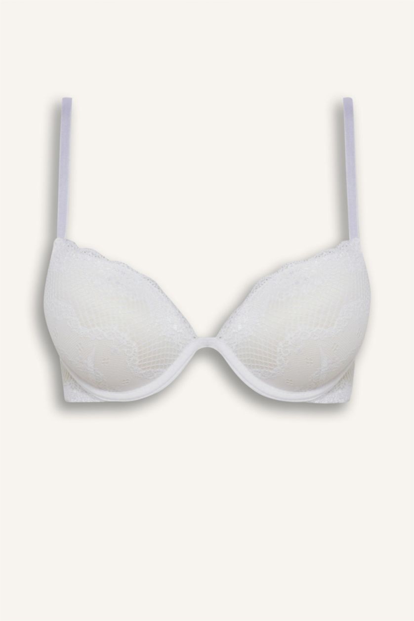 Kadın Beyaz Dantel Detaylı Micro Kaplı Full Push Up Balenli Tişört Bra-Fall in Love
