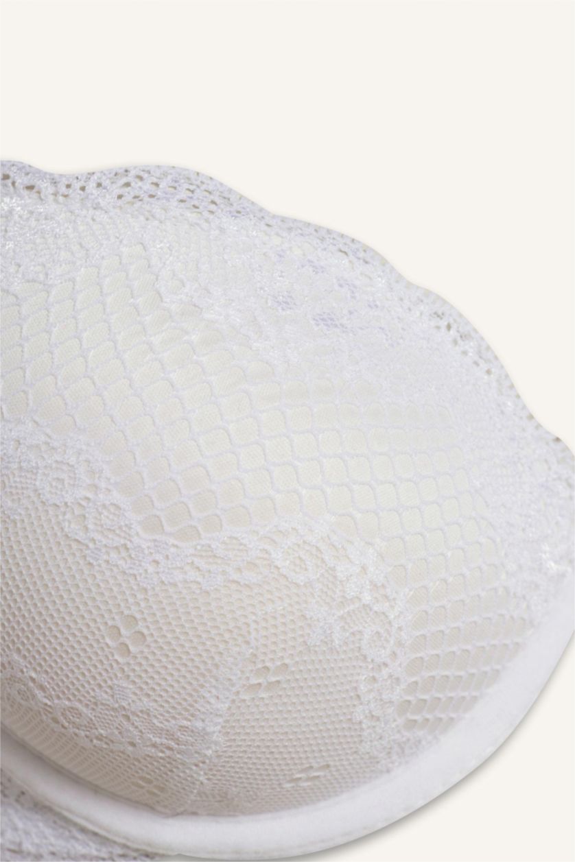Kadın Beyaz Dantel Detaylı Micro Kaplı Full Push Up Balenli Tişört Bra-Fall in Love