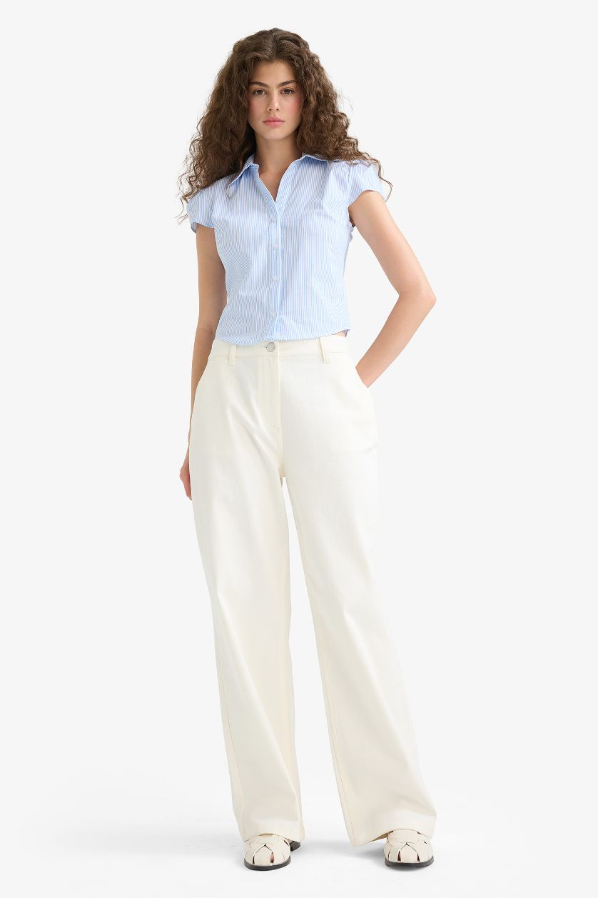 Kadın Mavi Fitted Poplin Kısa Kollu Gömlek