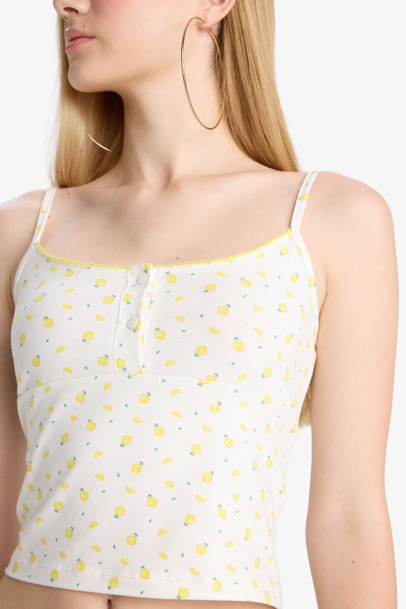 Kadın Kırık Beyaz Fitted Meyve Desenli Düğmeli Yaka Atlet