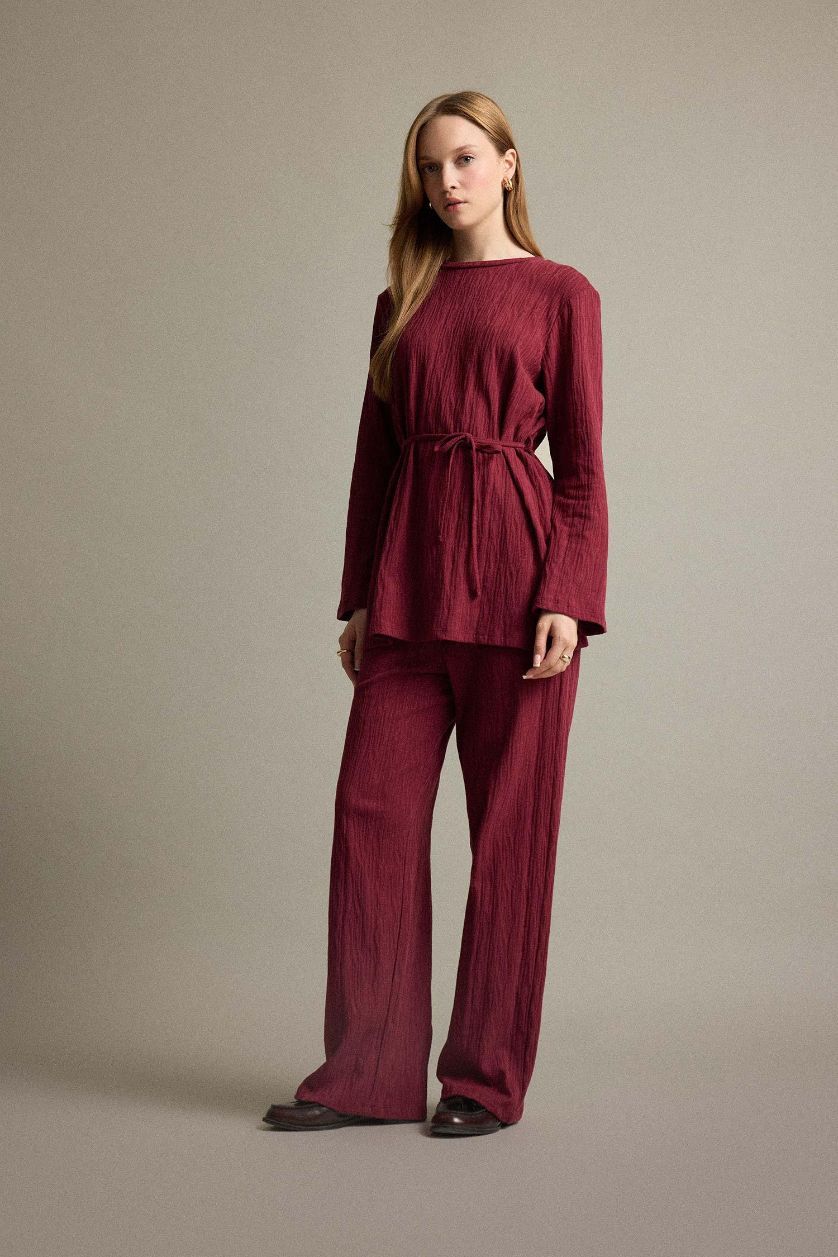 Kadın Bordo Wide Leg Geniş Paça Pantolon