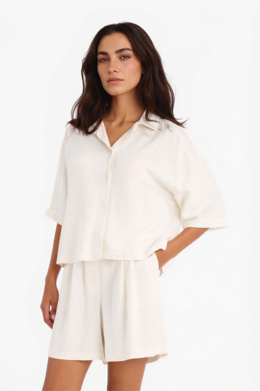 WOMAN Ecru Oversize Shirt Collar Linen Blended Short Sleeve Shirt
