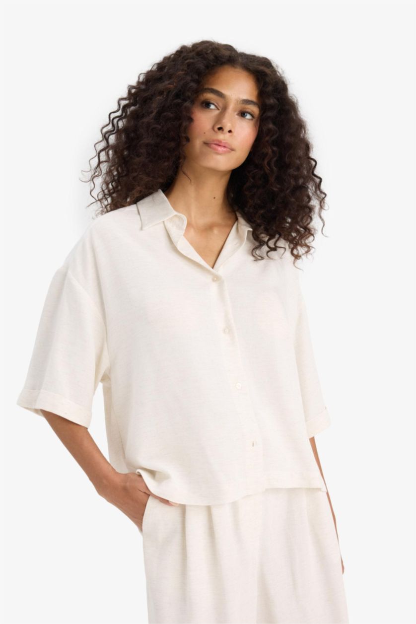 WOMAN Ecru Oversize Shirt Collar Linen Blended Short Sleeve Shirt