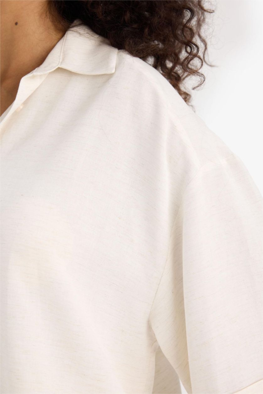 WOMAN Ecru Oversize Shirt Collar Linen Blended Short Sleeve Shirt