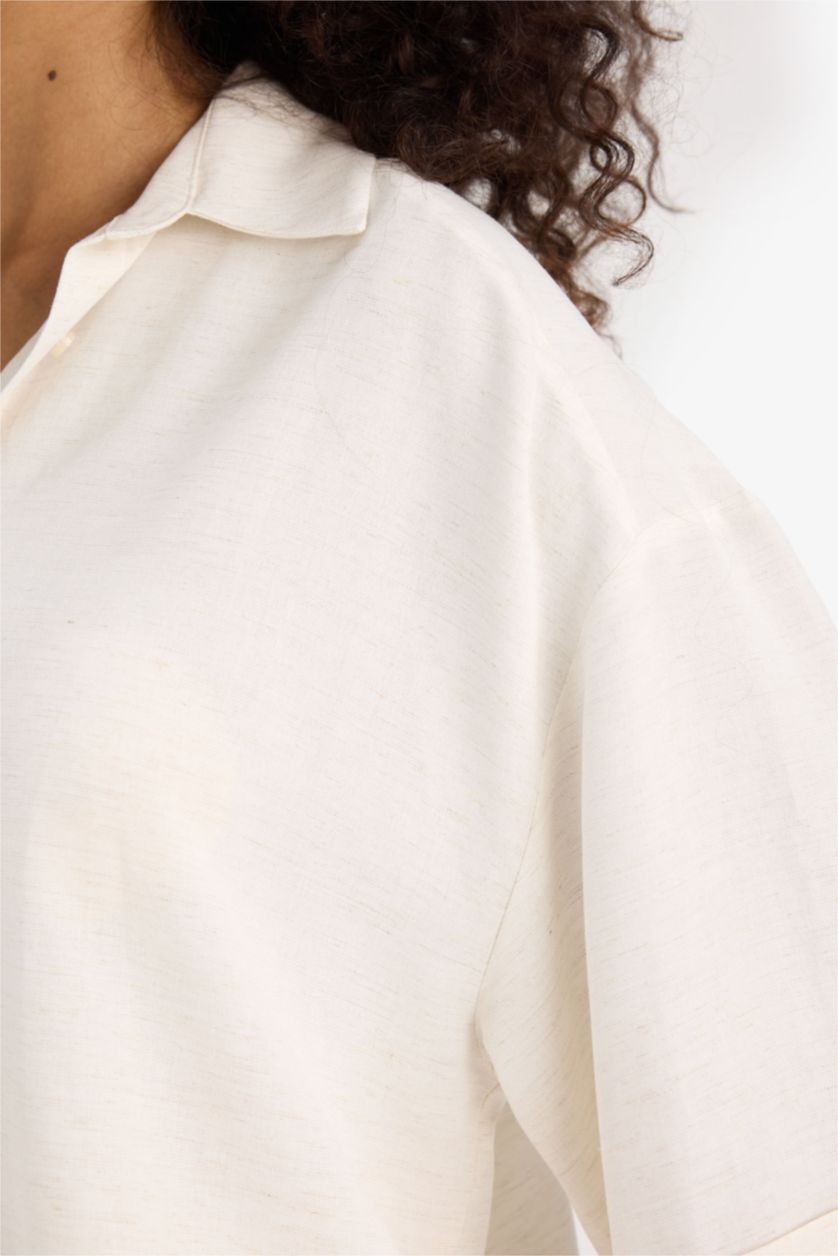 Kadın Ekru Oversize Geniş Kalıp Keten Karışımlı Kısa Kollu Gömlek