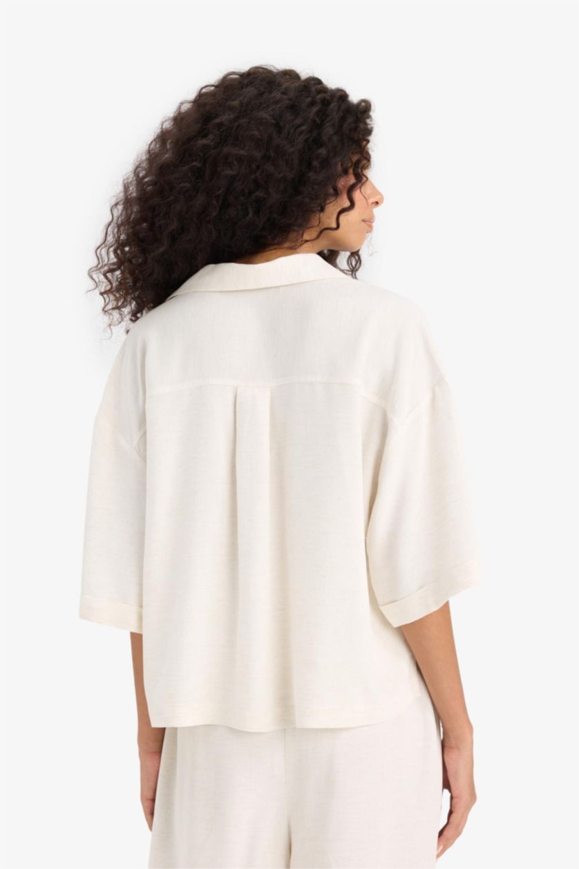 WOMAN Ecru Oversize Shirt Collar Linen Blended Short Sleeve Shirt