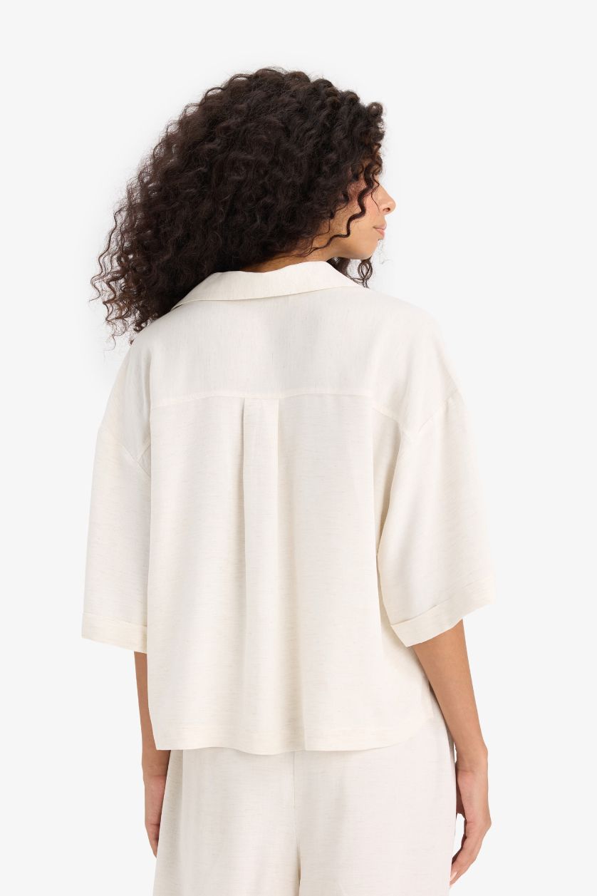 Kadın Ekru Oversize Geniş Kalıp Keten Karışımlı Kısa Kollu Gömlek