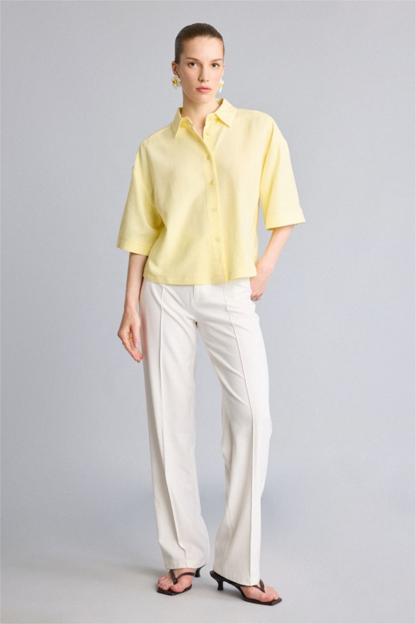 Women Yellow Oversize Fit Linen Blended Short Sleeve Shirt