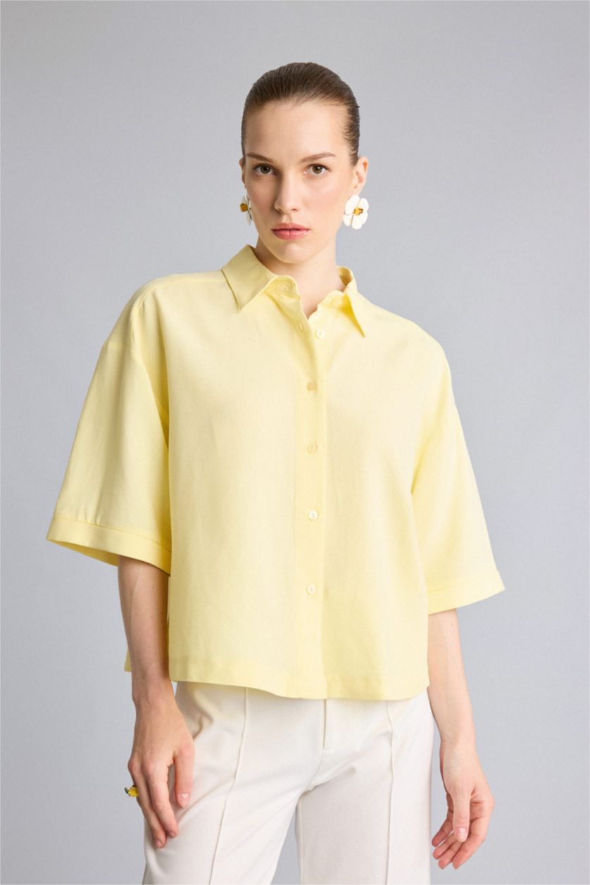 Women Yellow Oversize Fit Linen Blended Short Sleeve Shirt