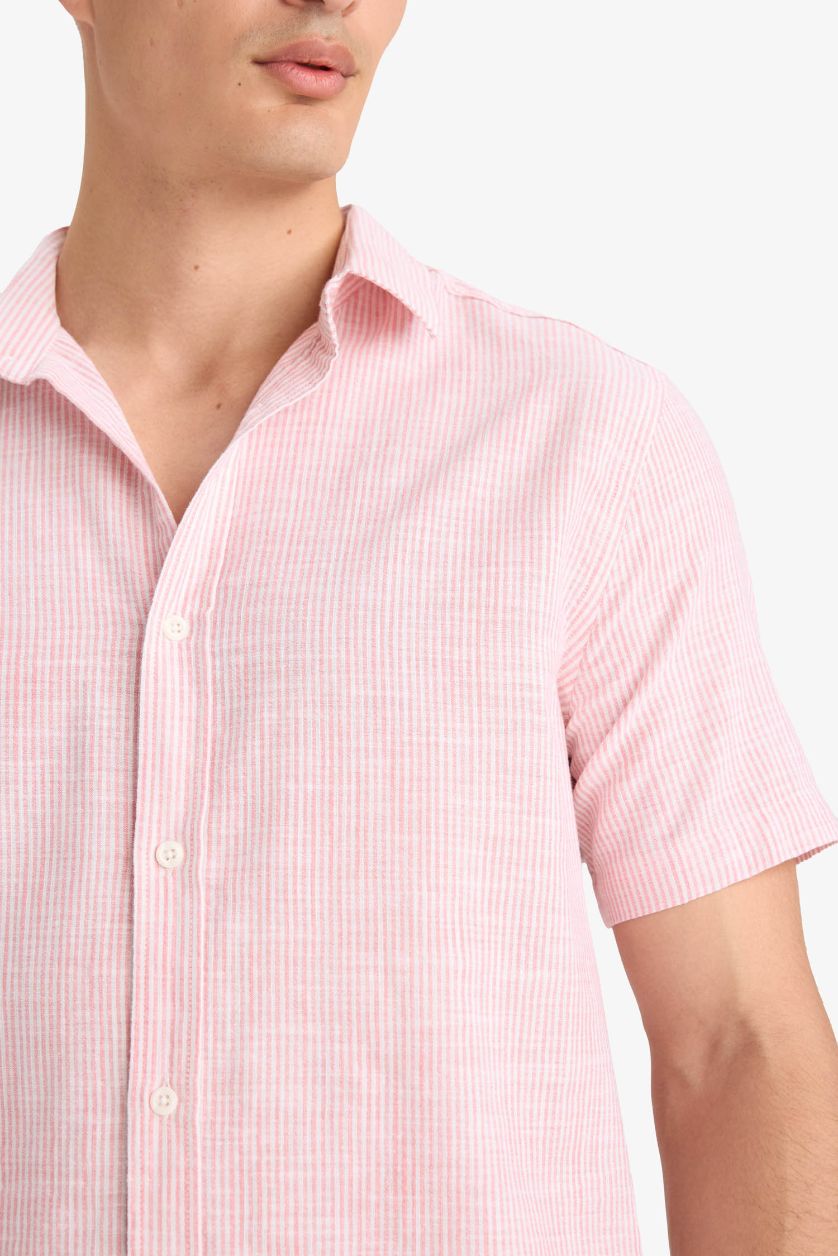 Erkek Pembe %100 Pamuk Kısa Kollu Çizgili Gömlek