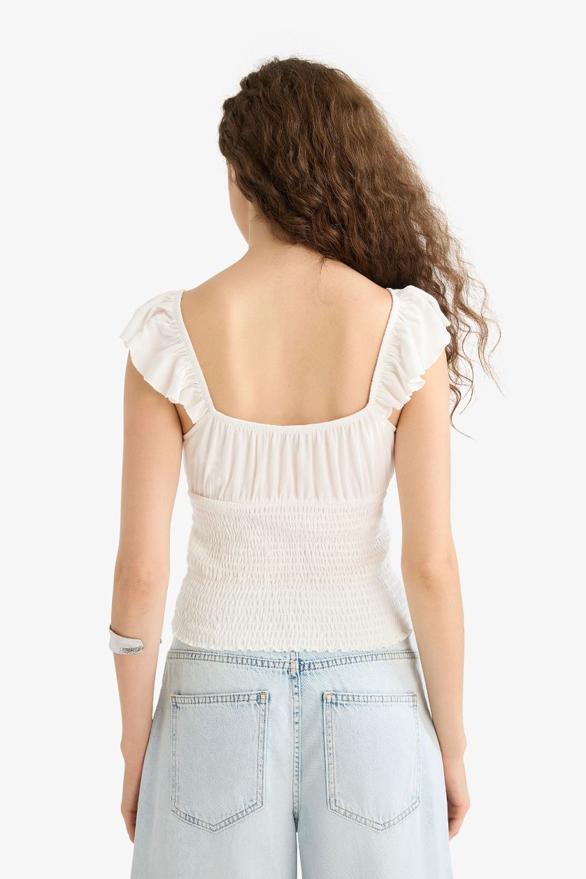 Kadın Kırık Beyaz Fitted V Yaka Crop Dokulu Beyaz Askılı Bluz