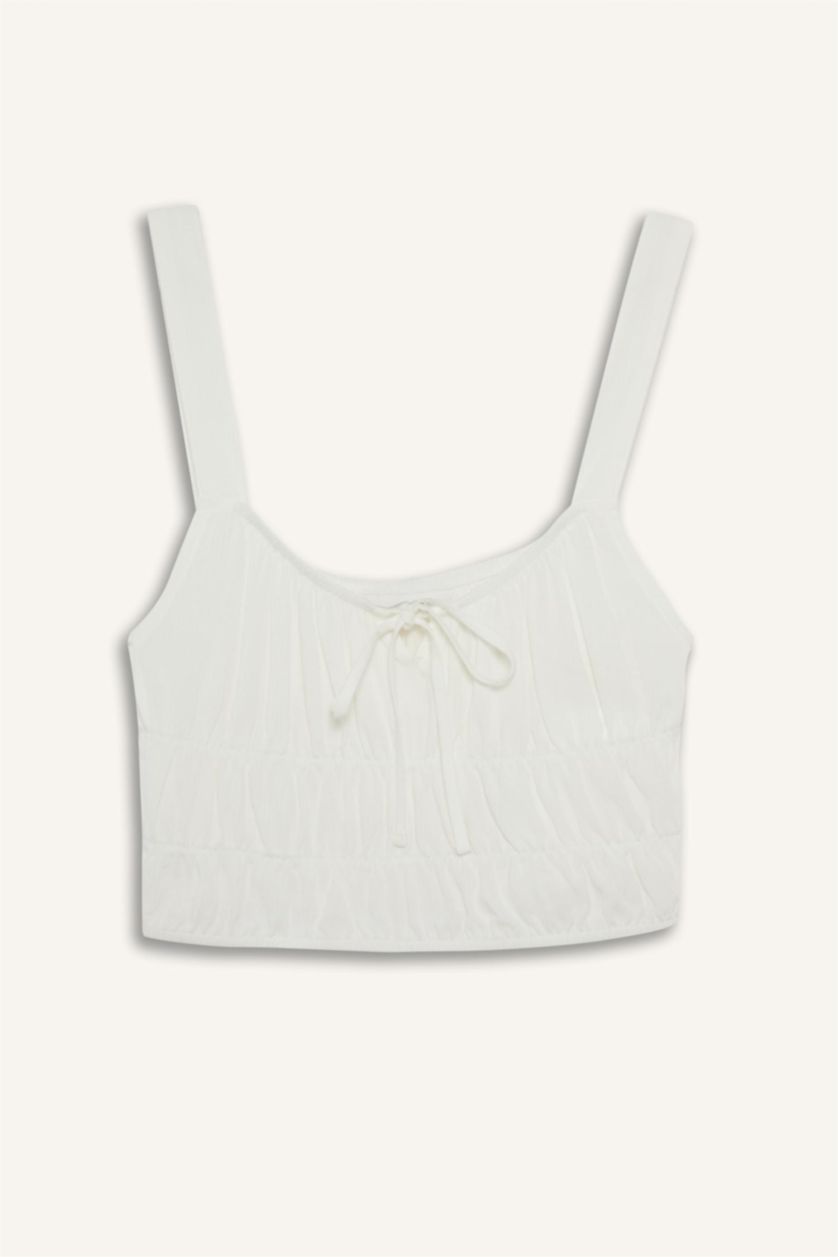 WOMAN White Fitted V-Neck Crop Textured White Blouse