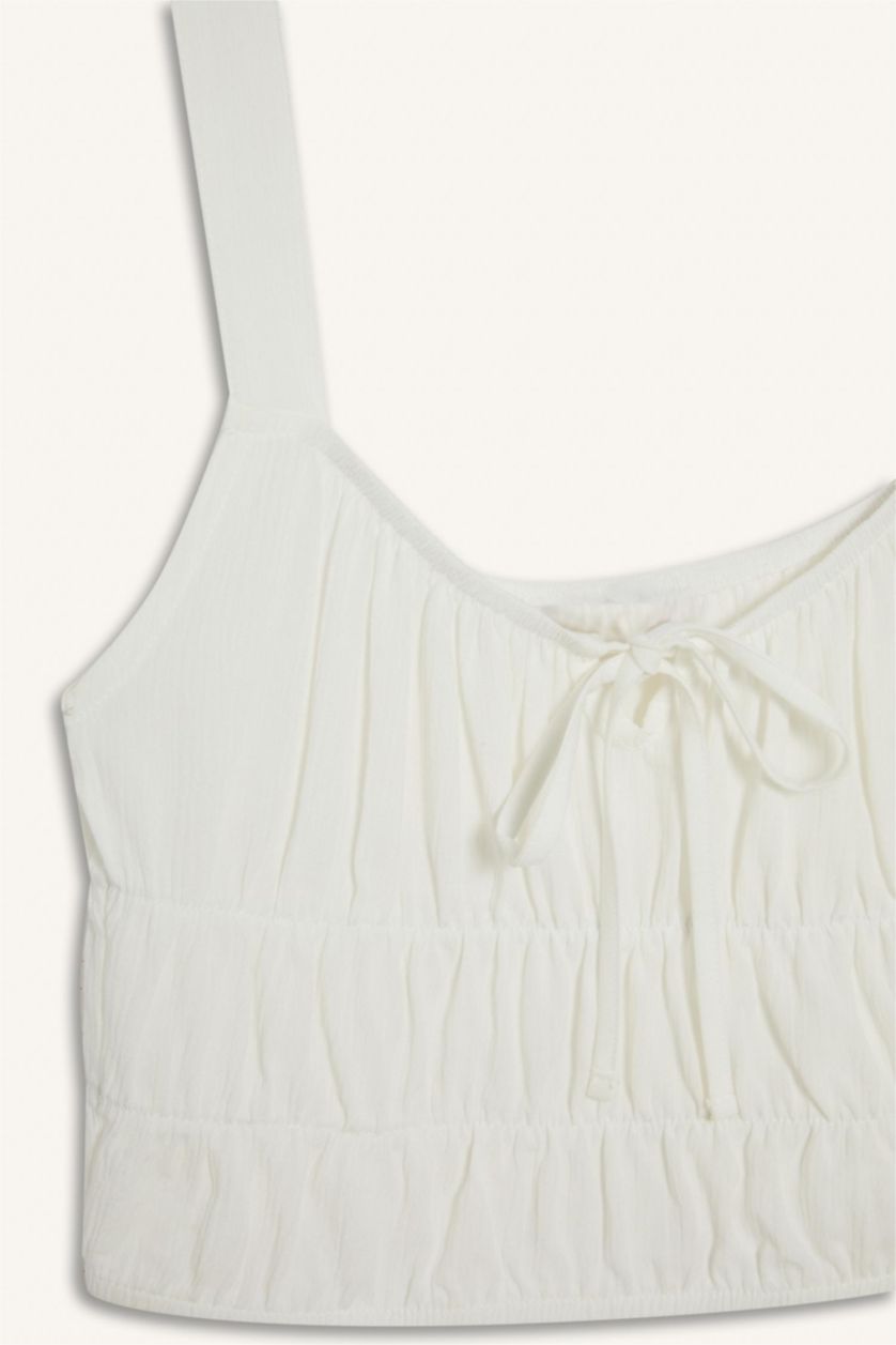 WOMAN White Fitted V-Neck Crop Textured White Blouse