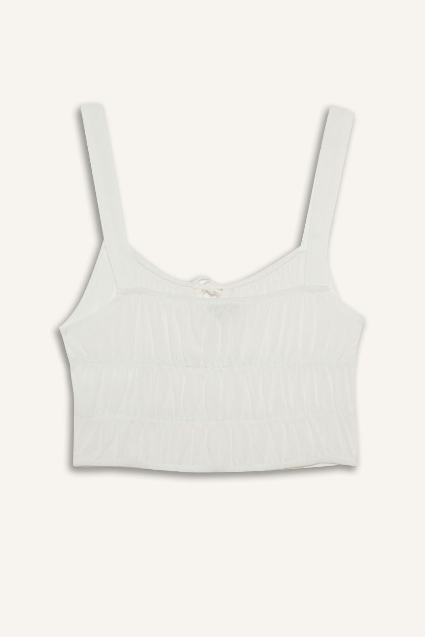 WOMAN White Fitted V-Neck Crop Textured White Blouse