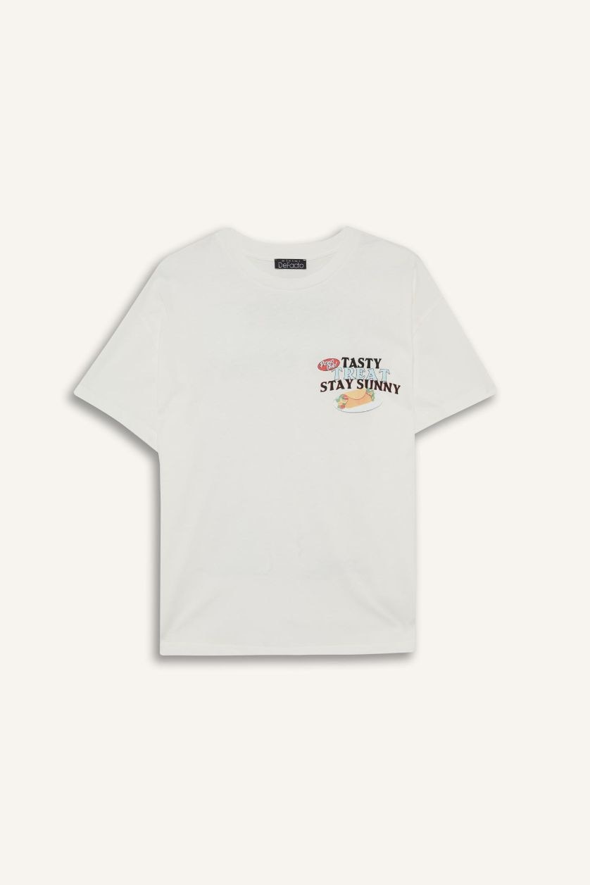 Kadın Kırık Beyaz Oversize Geniş Kalıp Bisiklet Yaka Sırt Baskılı Kısa Kollu Tişört