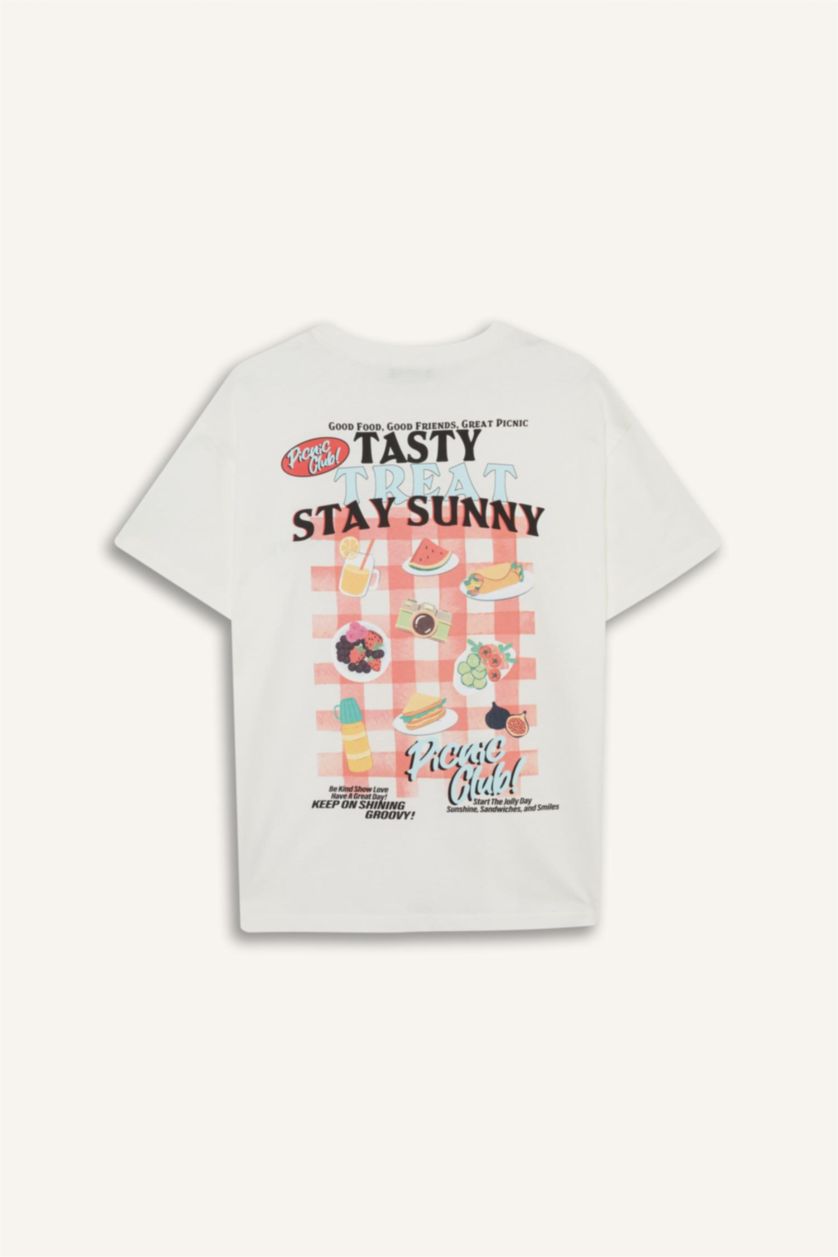 Kadın Kırık Beyaz Oversize Geniş Kalıp Bisiklet Yaka Sırt Baskılı Kısa Kollu Tişört