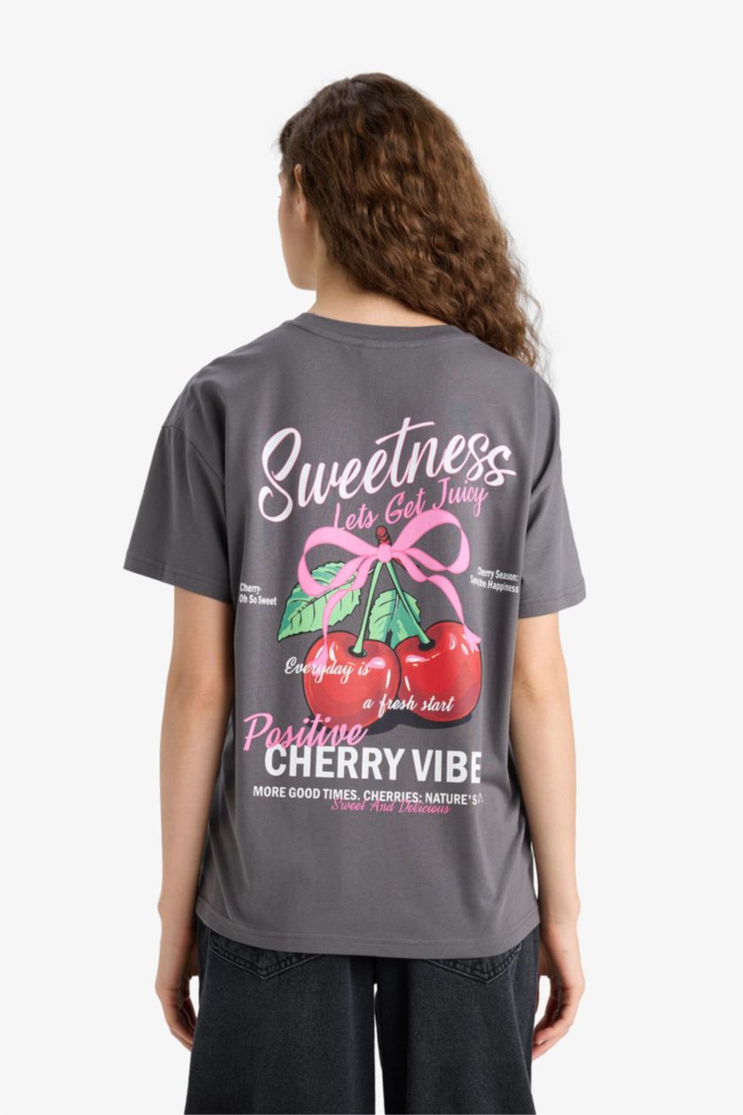 Kadın Antrasit Oversize Geniş Kalıp Bisiklet Yaka Meyve Sırt Baskılı Kısa Kollu Tişört